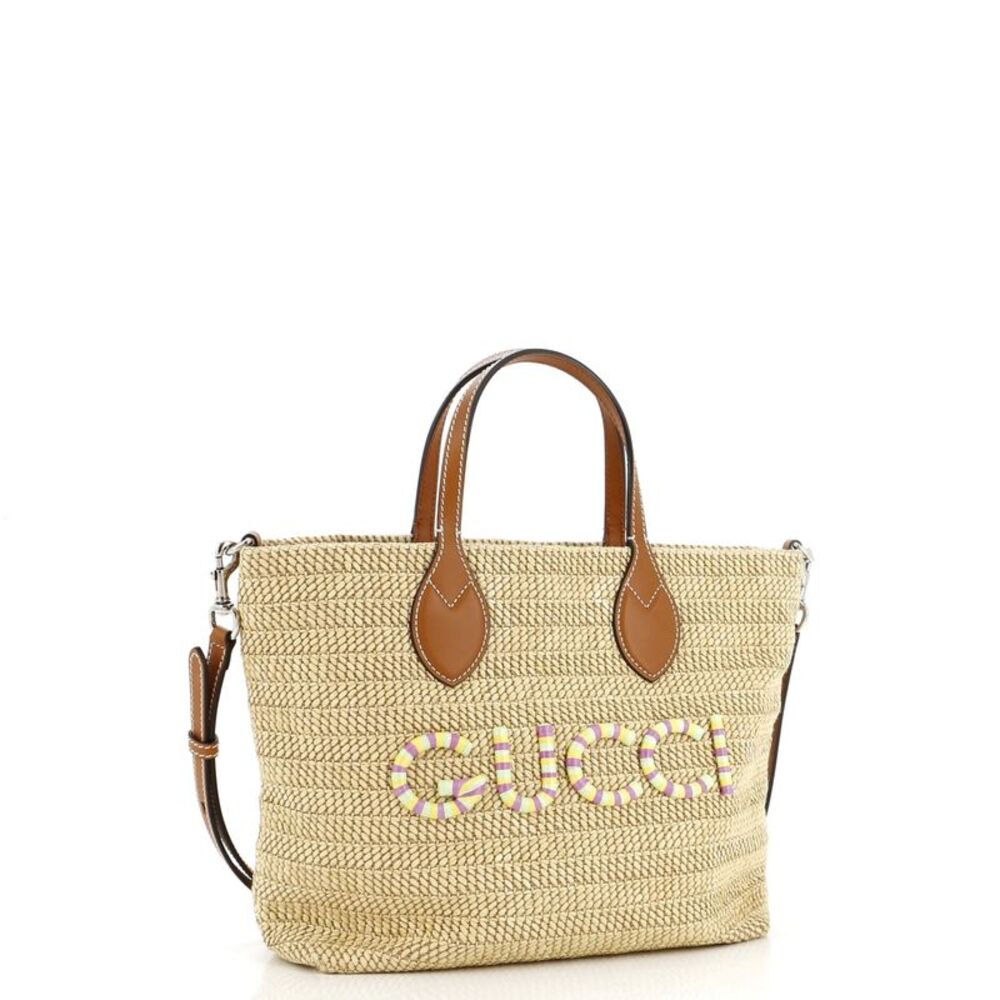 Gucci Logo Plaque Convertible Tote Raffia Small Neutral - Picture 2 of 7